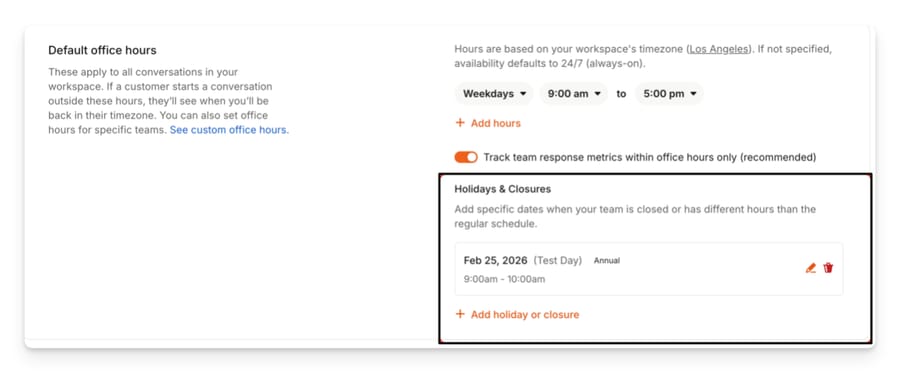 Intercom's Holidays and Closures section with a recurring annual holiday entry and reduced hours