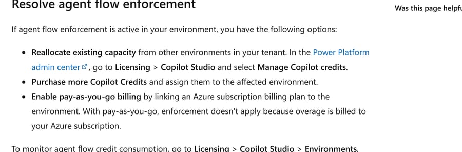 Microsoft Learn: with pay-as-you-go linked to the environment, overage enforcement does not apply.