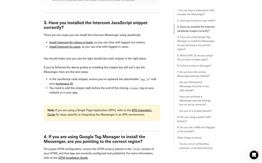 Intercom's troubleshooting article showing the snippet checks, including replacing app_id with your workspace ID