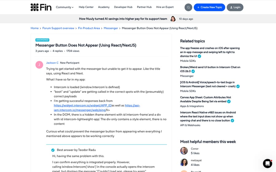 An Intercom community thread from a developer whose Messenger button will not appear in React and Next.js