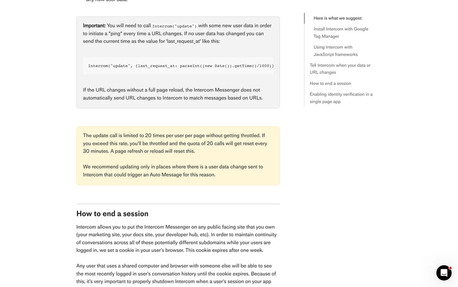 Intercom's note that the update call is throttled at 20 times per user per page, resetting every 30 minutes