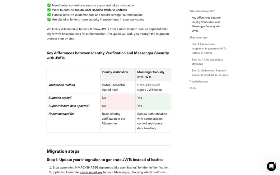 Intercom's comparison of Identity Verification and Messenger Security with JWTs, showing expiry support