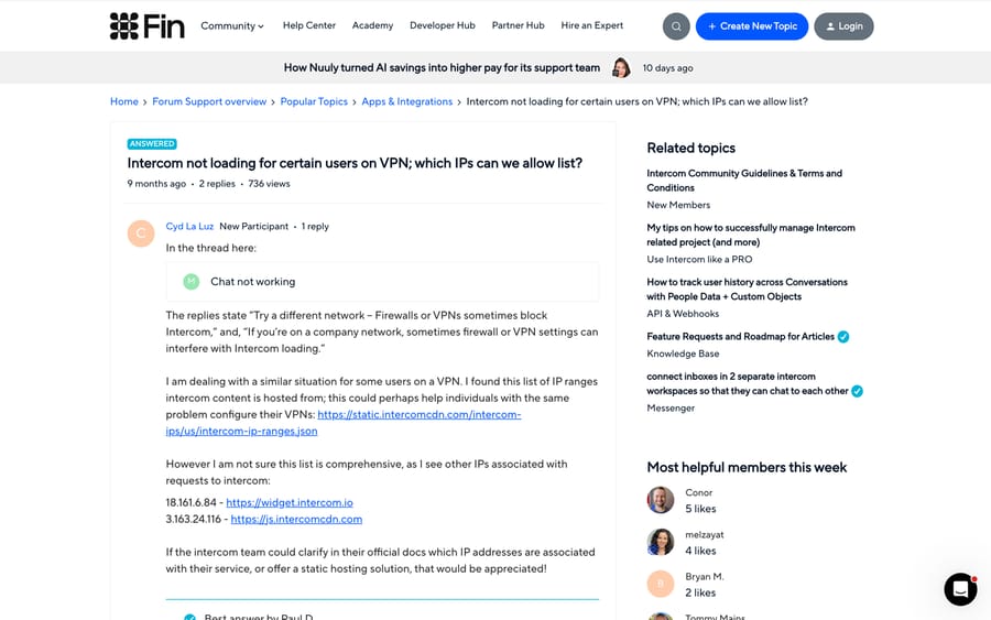 An Intercom community thread about the Messenger failing for users on a VPN, with the published IP range list