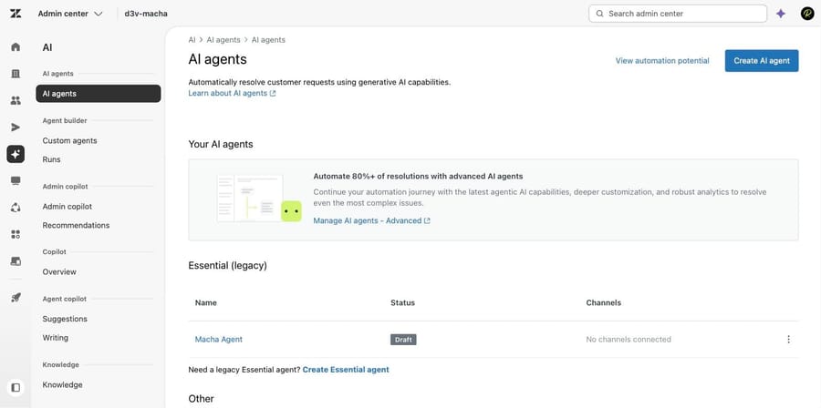 Zendesk Admin Center AI agents list showing an agent with status Draft and no channels connected.