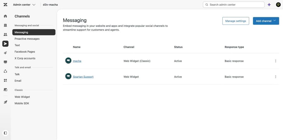 Zendesk Messaging channel list showing a Response type column set to Basic response.