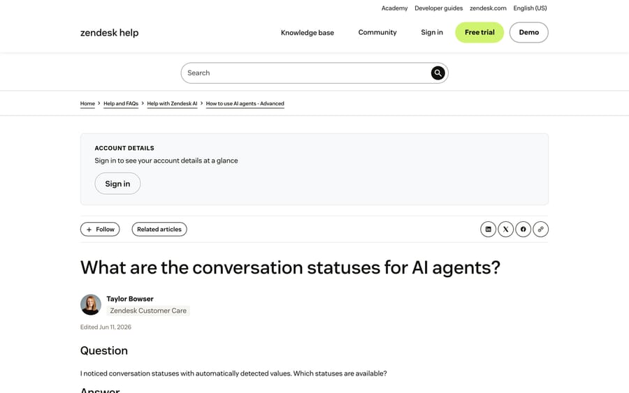Zendesk's reference for AI agent conversation statuses, including Not understood and Recognized topic.