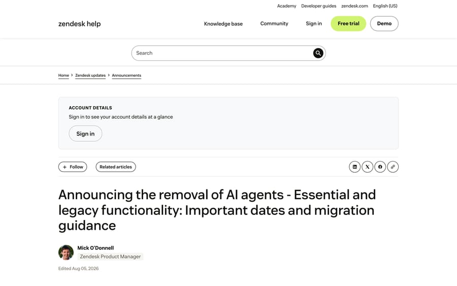 Zendesk's announcement of the removal of AI agents Essential and legacy functionality, with the key dates.
