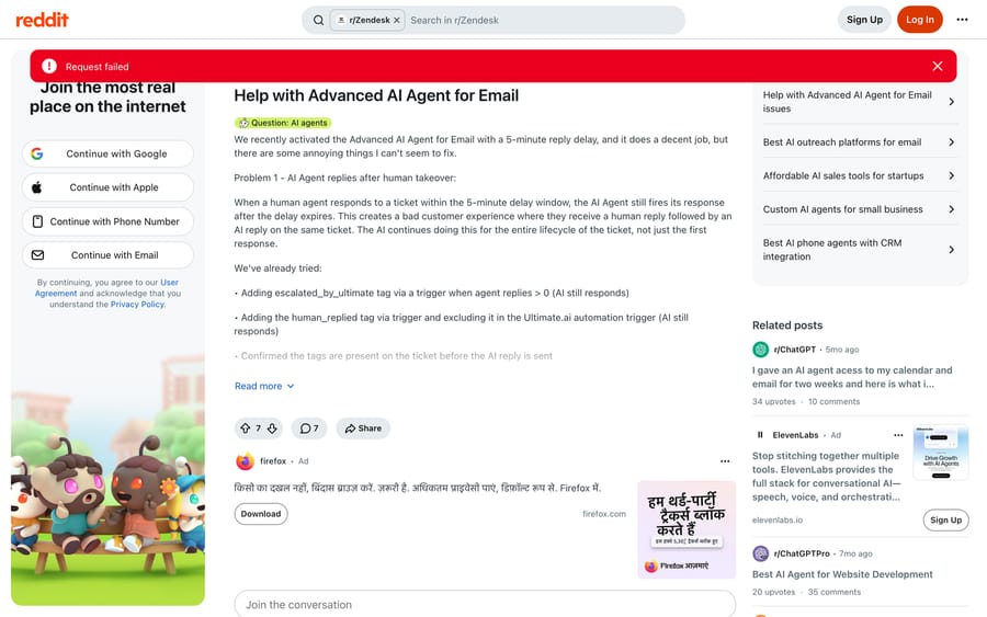 Reddit r/Zendesk: an admin troubleshooting the Advanced AI agent replying after a human on email.
