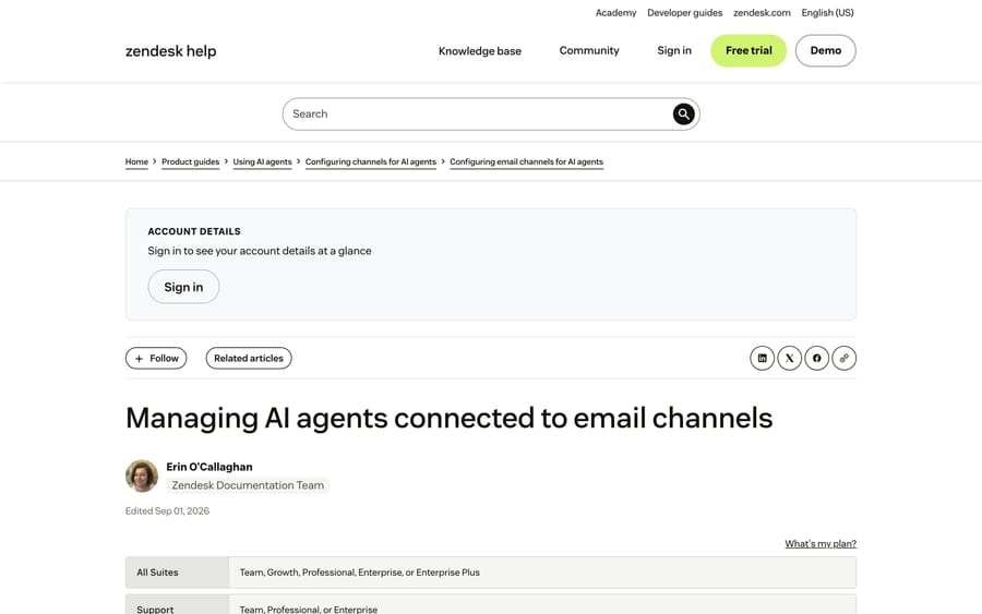 Zendesk's documentation for managing AI agents connected to email channels.