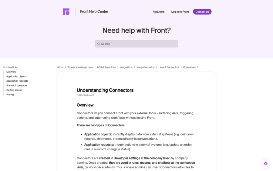 Front's Understanding Connectors article, defining application objects and application requests