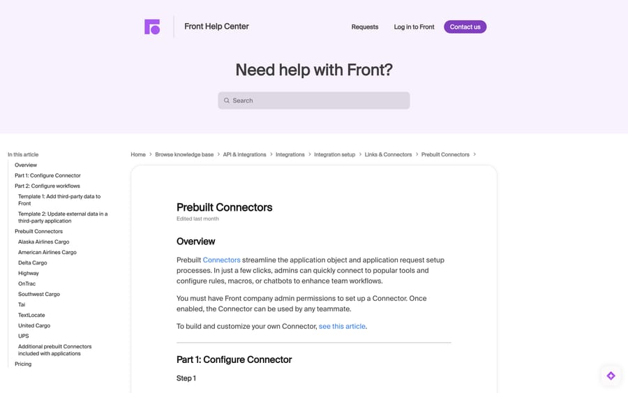 Front's Prebuilt Connectors article listing the available integrations and their authentication needs