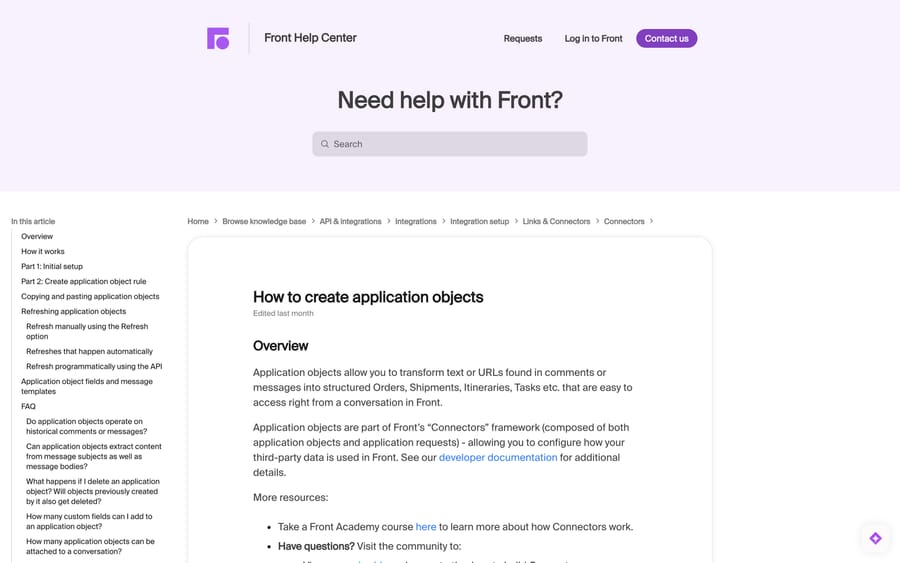 Front's How to create application objects article showing the Developer settings flow