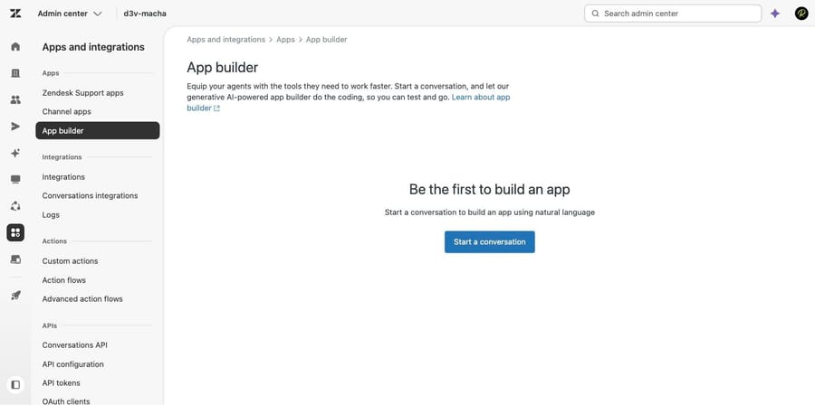 Zendesk App builder empty state in Admin Center with a Start a conversation button