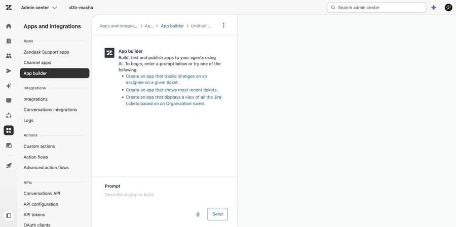 Zendesk App Builder conversation pane with three example prompts including a Jira one