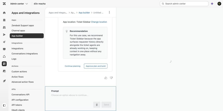 App Builder recommending Ticket Sidebar as the app location with Approve plan and build