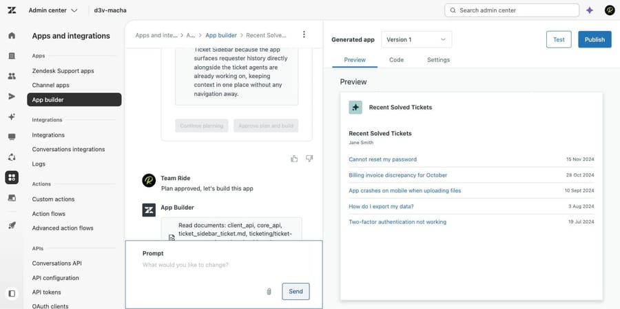 App Builder Preview tab showing the generated app populated with five mock tickets