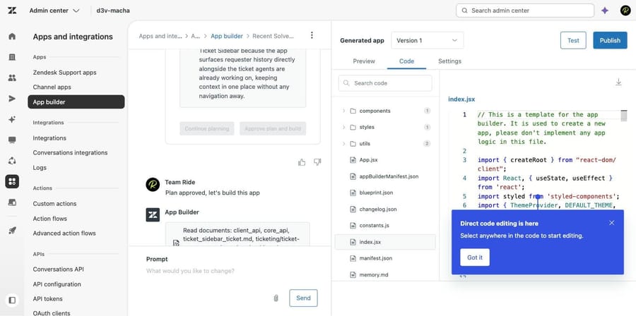 App Builder Code tab showing the generated React file tree and index.jsx