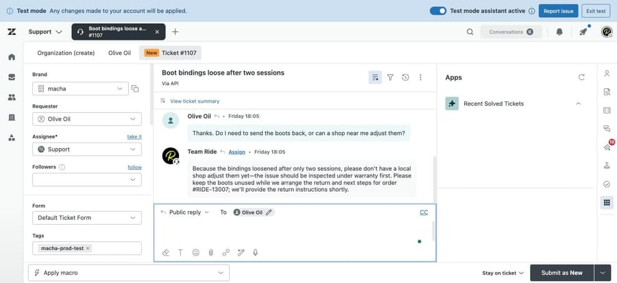 Zendesk ticket in App Builder test mode with the generated app in the apps rail