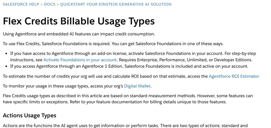 Salesforce Help's Flex Credits Billable Usage Types page, pointing at the ROI Estimator and Digital Wallet.