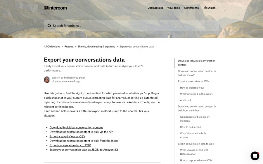 Intercom's export guide listing the six conversation export methods, from a single transcript to Amazon S3