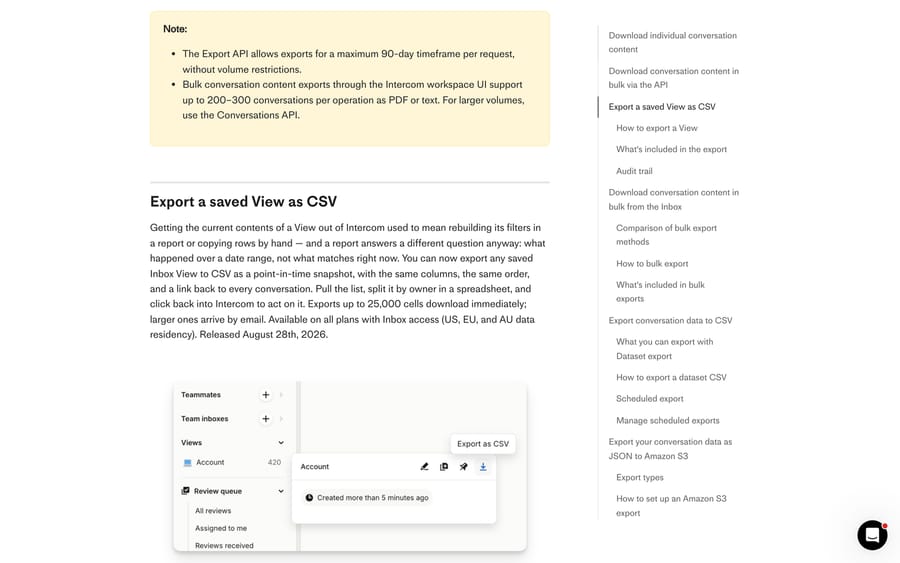 Intercom's documentation for exporting a saved View as CSV, with the 25,000-cell instant download limit