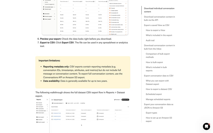 Intercom's Dataset export limitations, noting CSV exports contain reporting metadata but not message content