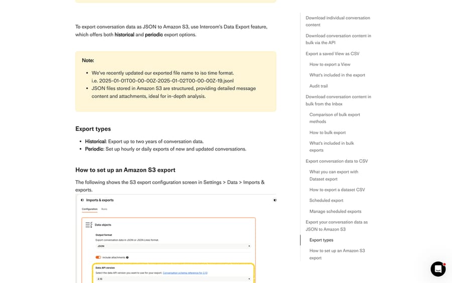 Intercom's S3 export types, listing a two-year historical export and hourly or daily periodic exports