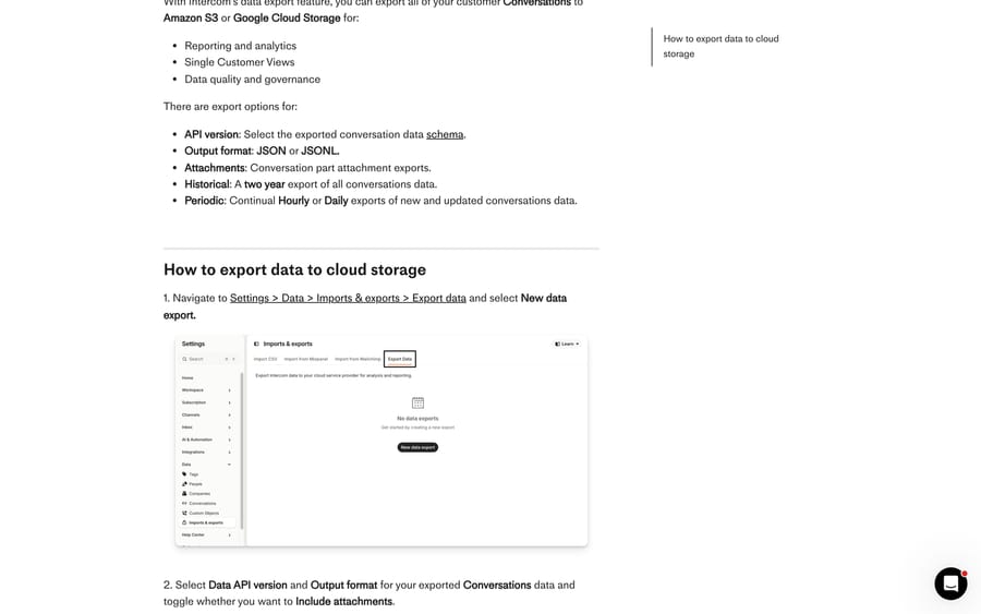 Intercom's cloud storage export setup, showing the New data export button under Settings, Data, Imports and exports