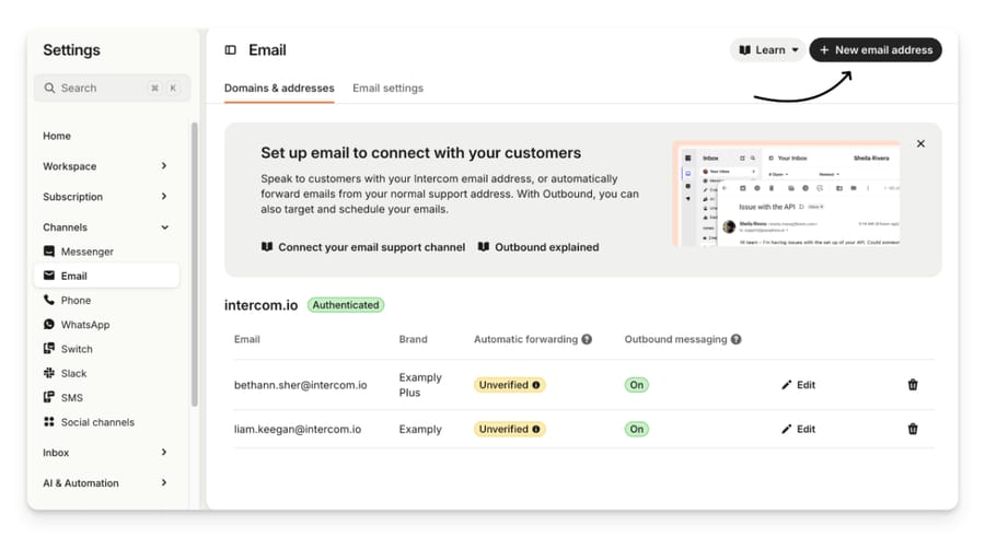 Intercom's Email settings showing Domains and addresses with Unverified automatic forwarding status