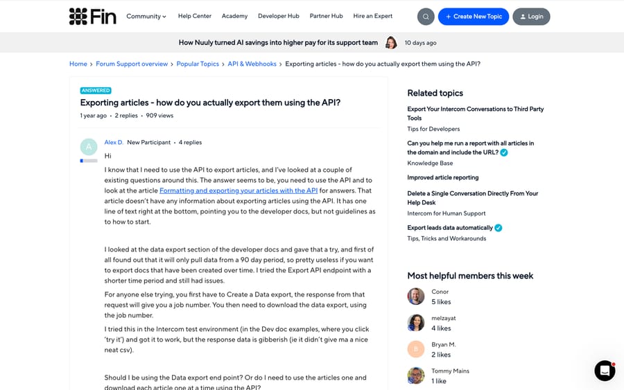 An Intercom community thread where a customer tries to export Help Center articles through the Data Export API