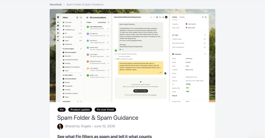 Intercom's changelog entry for the Spam folder, showing a filtered email and Fin's spam reasoning