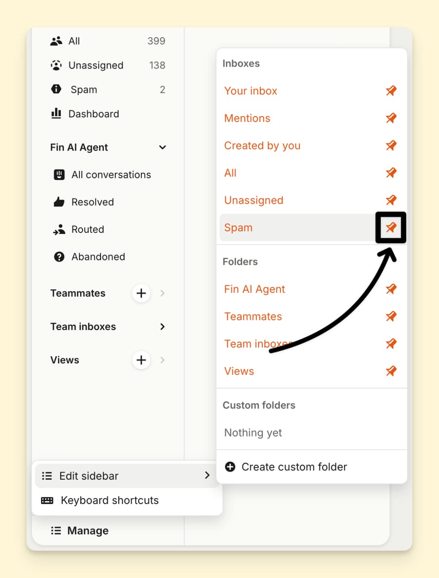 Intercom's Edit sidebar menu with the Spam inbox being pinned to the Inbox sidebar