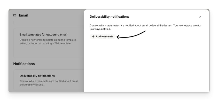 Intercom's Deliverability notifications panel for choosing which teammates get email delivery alerts