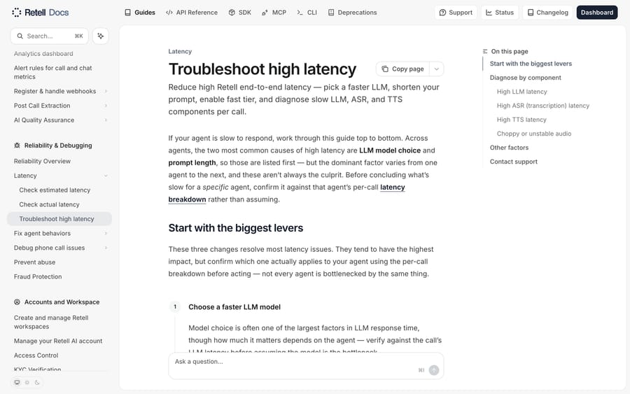 Retell's troubleshooting page for high latency, naming each component of the delay.