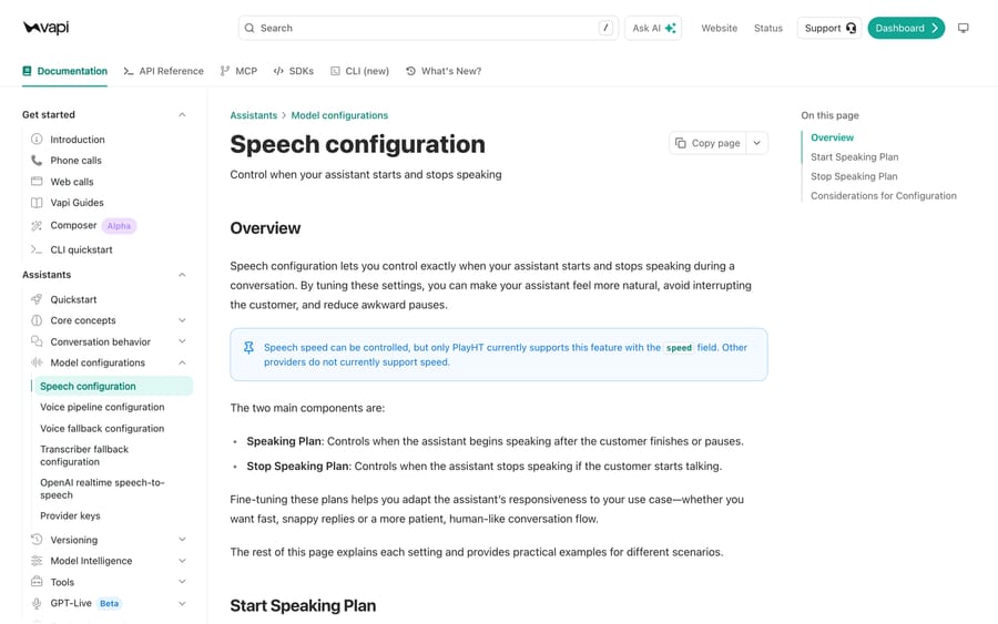 Vapi's speech configuration documentation, showing the start and stop speaking plan defaults.