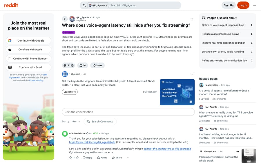Reddit r/AI_Agents: a thread on where voice agent latency hides once streaming is already on.