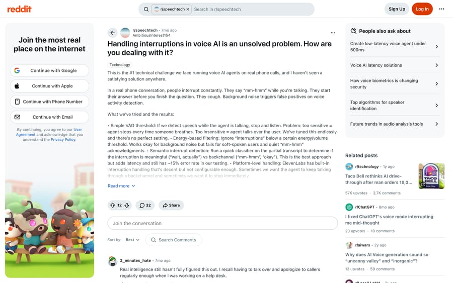 Reddit r/speechtech: a team documents four approaches to interruption handling and what each cost.