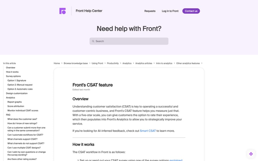 Front's CSAT feature article, showing the three survey options and the rule-based automation