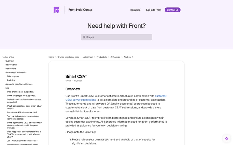 Front's Smart CSAT article, describing the AI-inferred score and its rule template