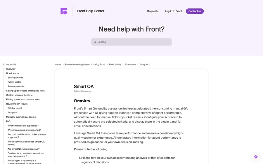 Front's Smart QA article, describing AI scorecards for agent performance
