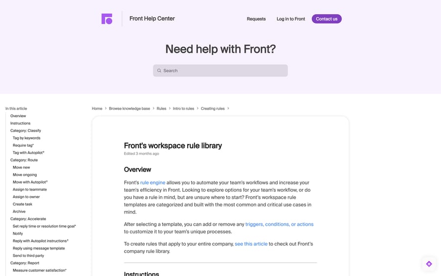 Front's workspace rule library, where the dagger marks the rule templates that need a paid add-on