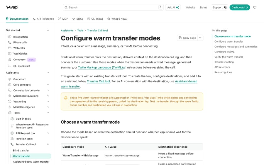 Vapi's documentation for the five warm transfer modes and their limits.
