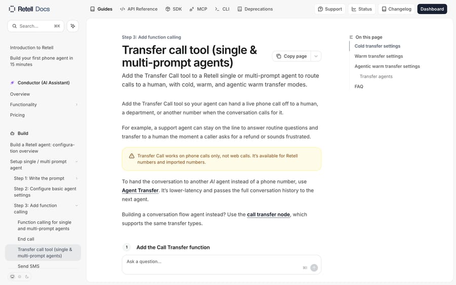 Retell's transfer call documentation, covering cold, warm and agentic warm transfer.