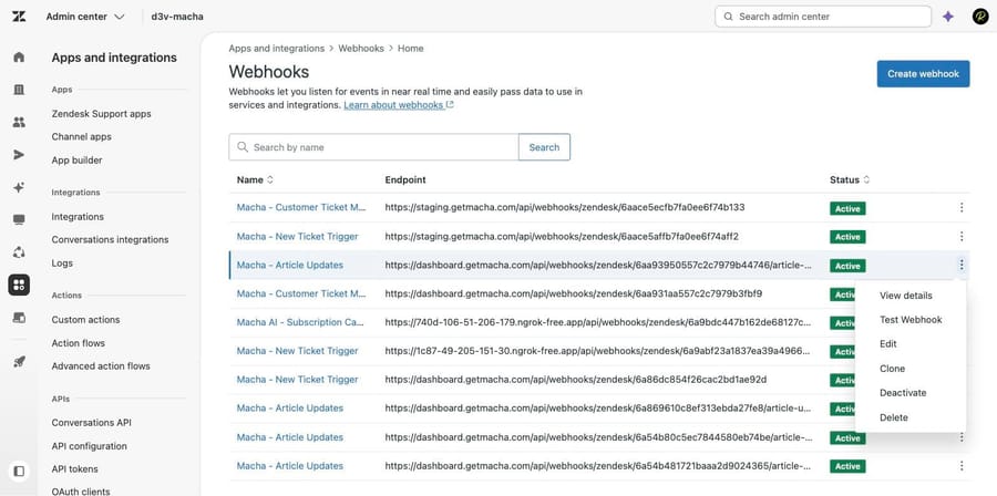 Zendesk webhook row options menu showing View details, Test Webhook, Edit, Clone, Deactivate