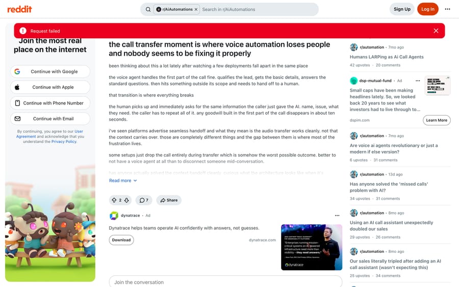 Reddit r/AiAutomations: an operator on why the call transfer moment is where voice automation loses people.