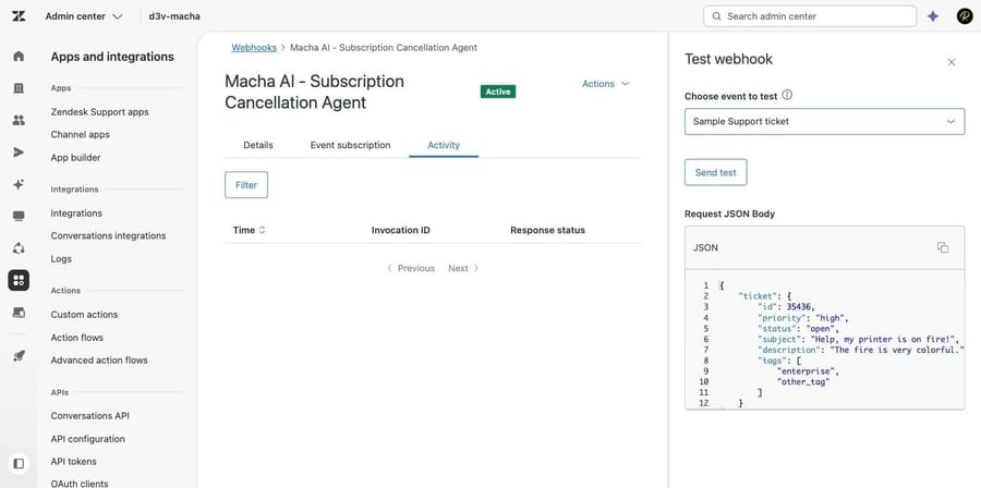 Zendesk Test webhook panel with a sample Support ticket payload and Send test