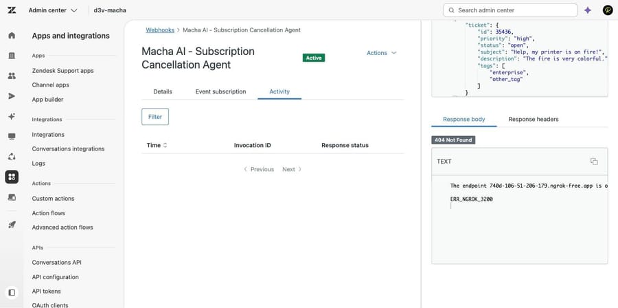 Test webhook result showing 404 Not Found with the receiving host's own error body