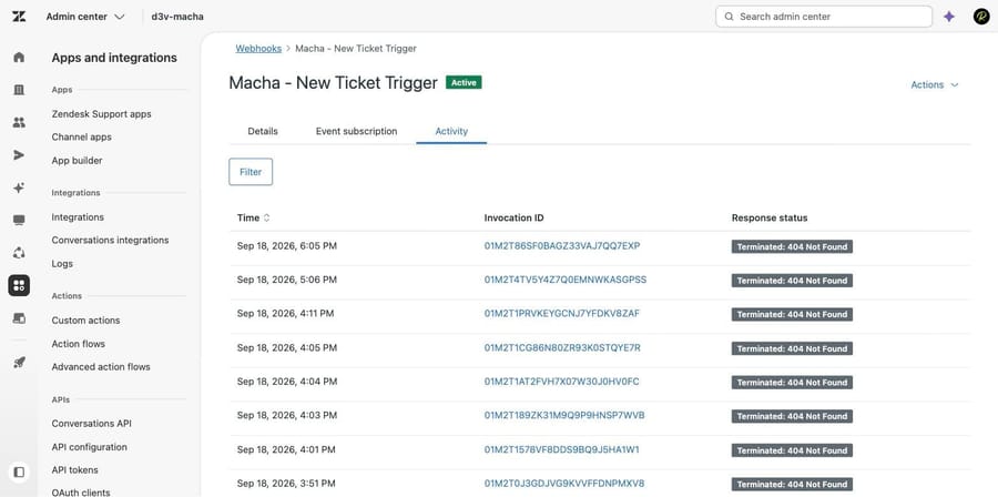Zendesk webhook activity log with eight consecutive Terminated 404 Not Found invocations