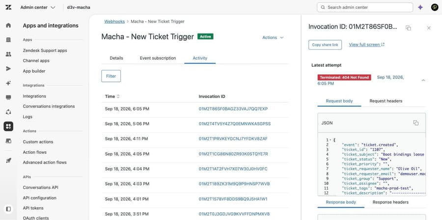Zendesk webhook invocation detail showing the request body sent for one failed call