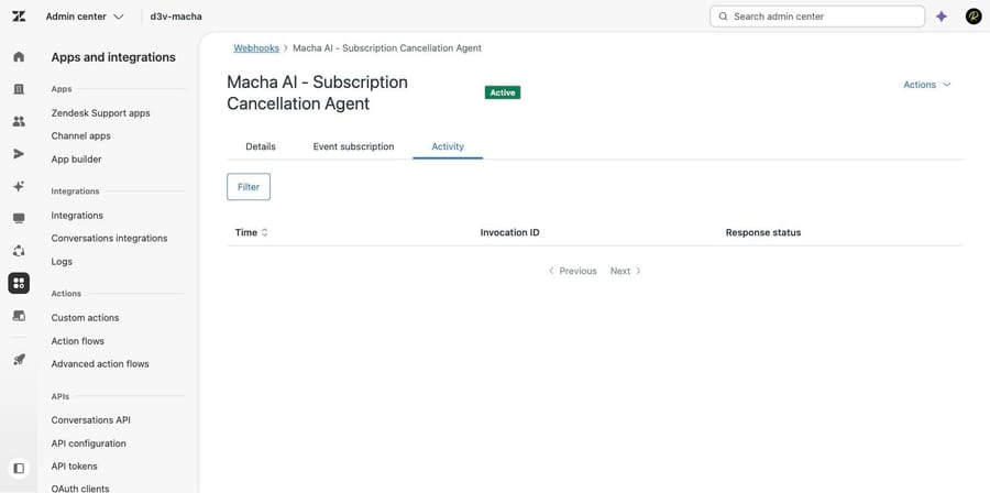 Empty Zendesk webhook activity log, meaning the webhook was never invoked